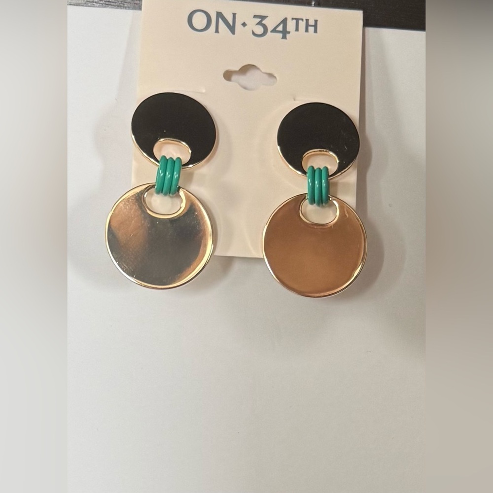 On 34th Gold  Drop Earrings with Teal Accent